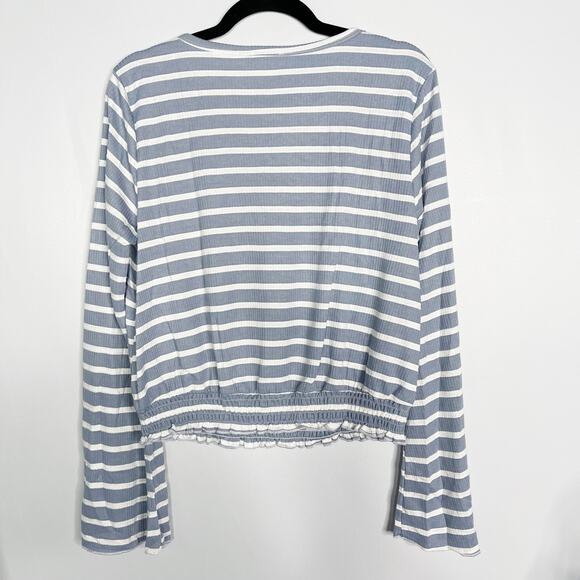 New Hem & Thread Large L Blue White Striped Long Bell Sleeve Cinch Hem Tee Top - Picture 2 of 8